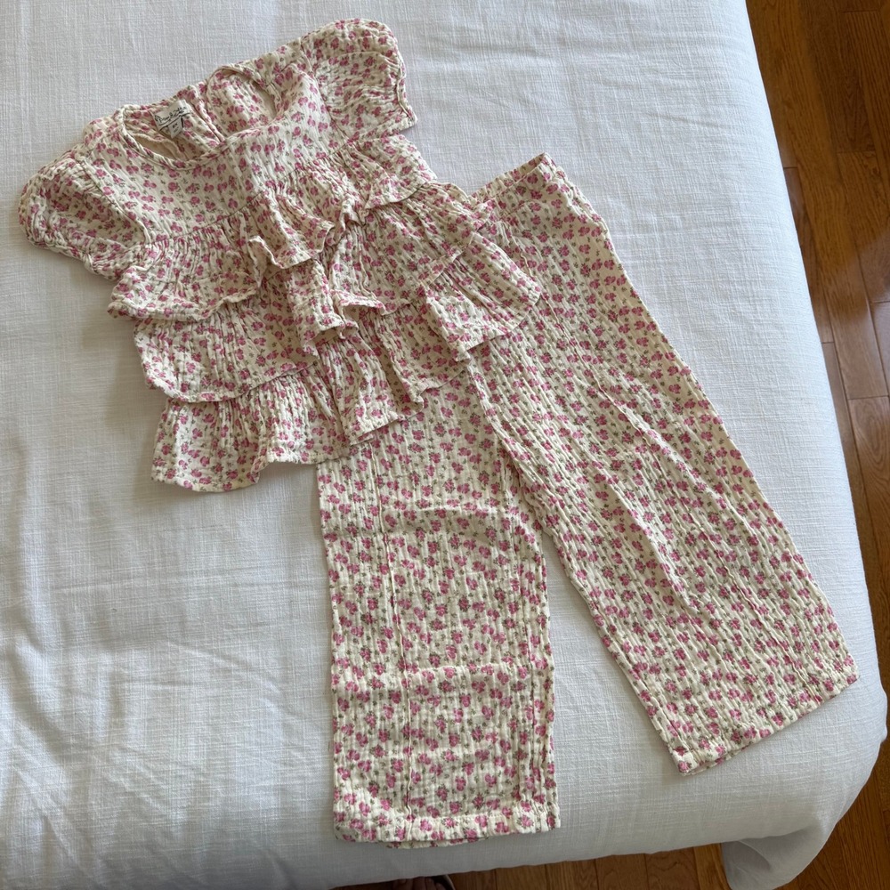 Pippa & Julie Girls 6X Pink Floral Cotton Gauze Ruffle Top and Pants Set 51167IV